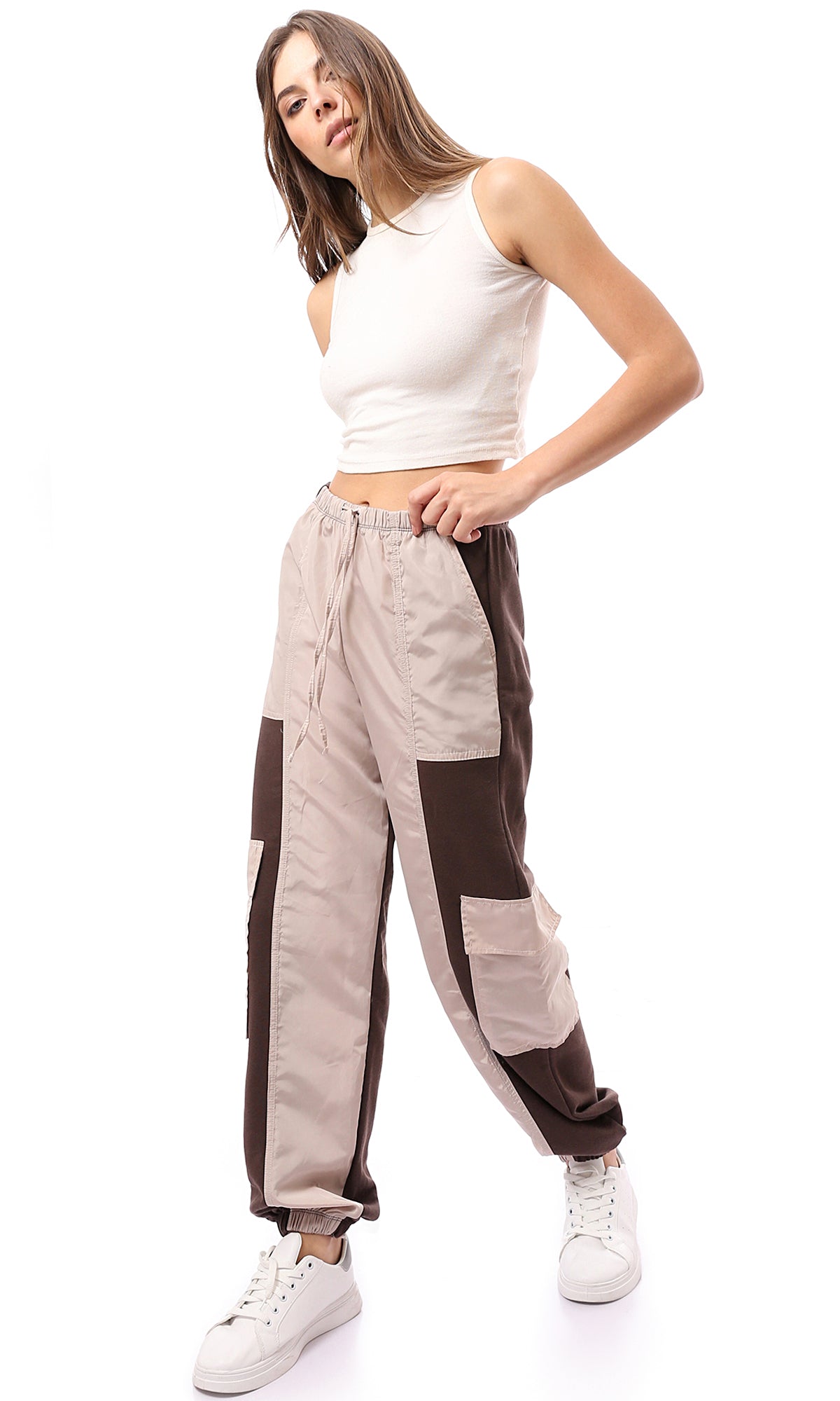 O172868 Bi-Tone Beige & Brown Slip On Cargo Pants