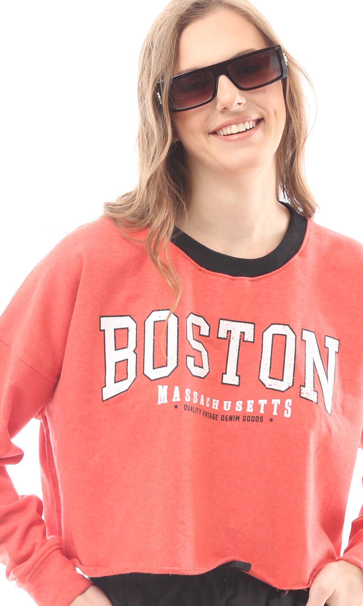 O172873 Round Neck Printed "Boston" Watermelon Red Sweatshirt