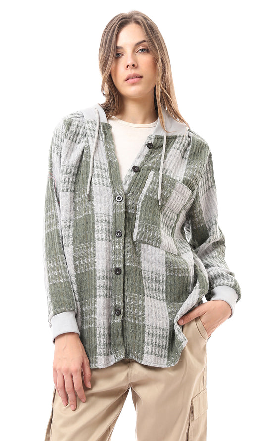 O172926 Olive & White Full Buttons Plaids Winter Shirt