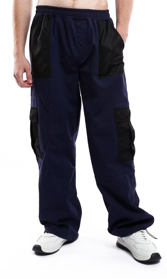 O172957 Navy Blue Wide Cargo Pants With Black Waterproof Pockets