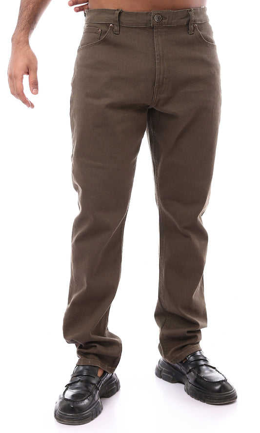 O173032 Solid Regular Fit Olive Gabardine Pants