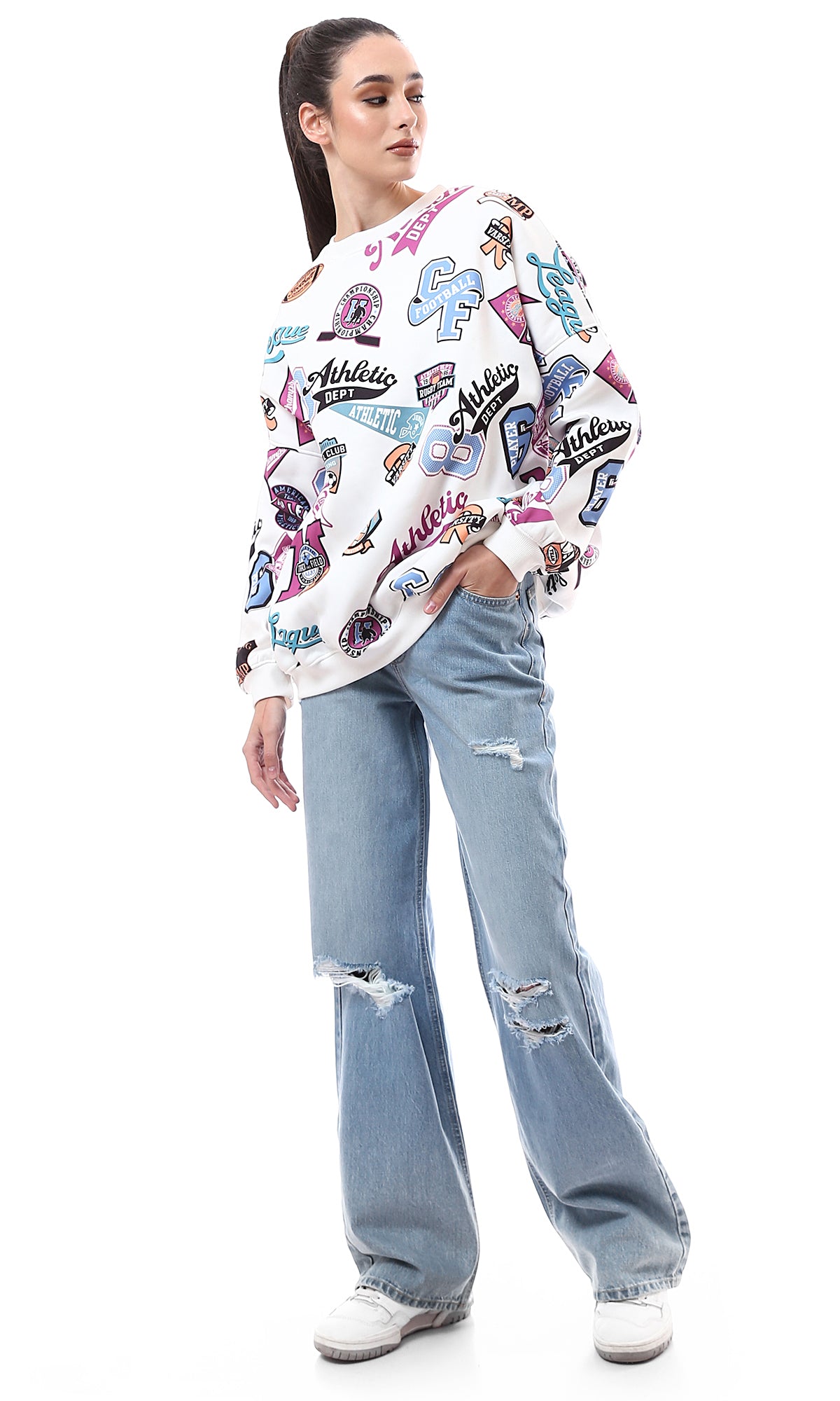 O173045 Patterned Multicolour Long Sweatshirt With Inner Fleece