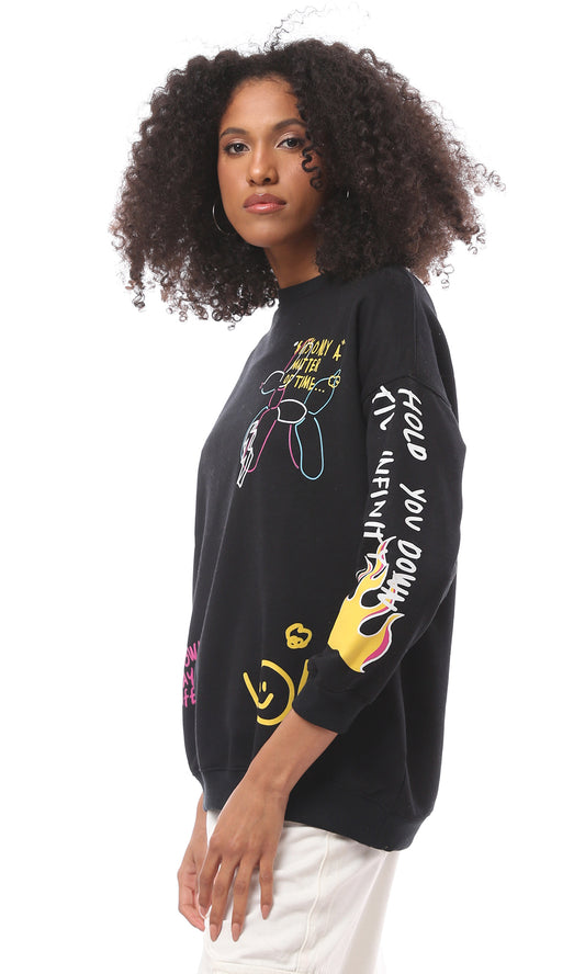 O173046 Colorful Prints Black Slip On Sweatshirt