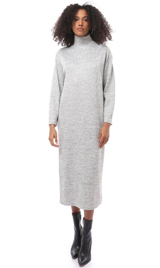 O173051 High-Neck Winter Heather Light Grey Midi-Dress