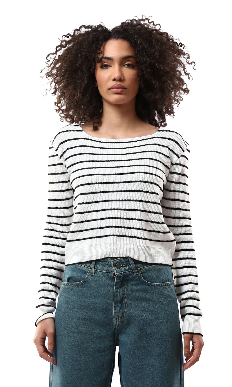 O173082 Black & White Striped Long Sleeves Short Pullover