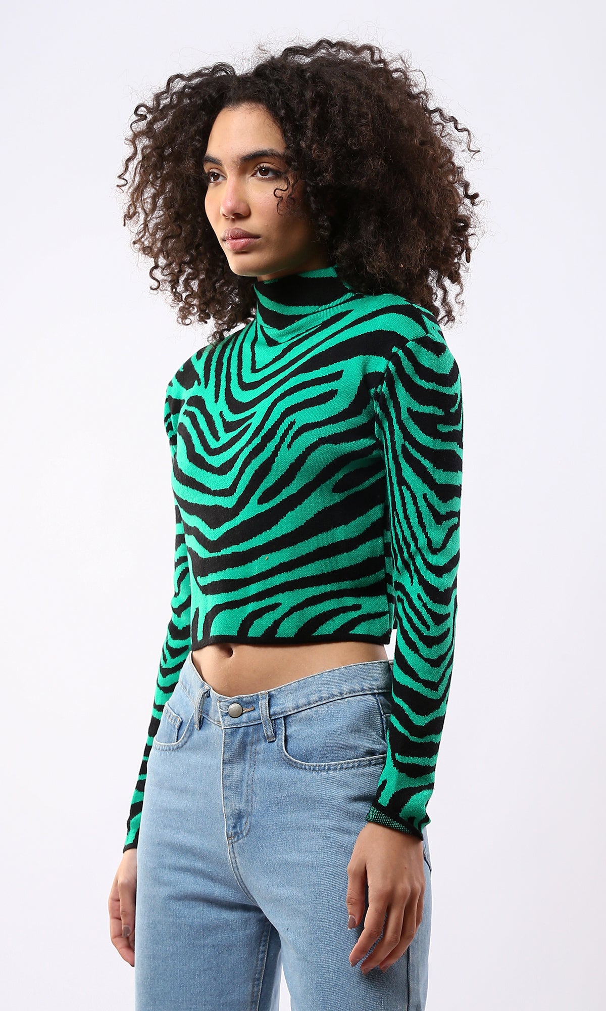 O173084 High-Neck Green & Black Zebra Short Pullover