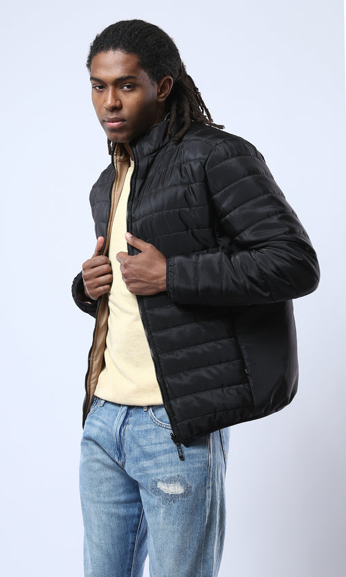 O173257 Double Face Quilted & Solid Bomber Jacket - Camel & Black