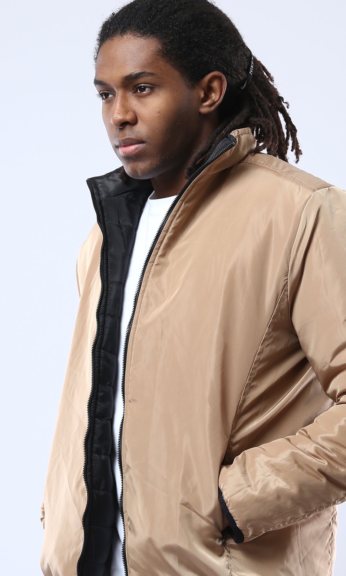 O173257 Double Face Quilted & Solid Bomber Jacket - Camel & Black