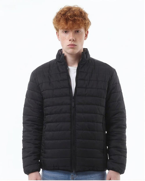 Person wearing a black puffer jacket on a white background
