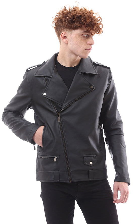 O173261 Textured Leather Zipped Black Biker Jacket