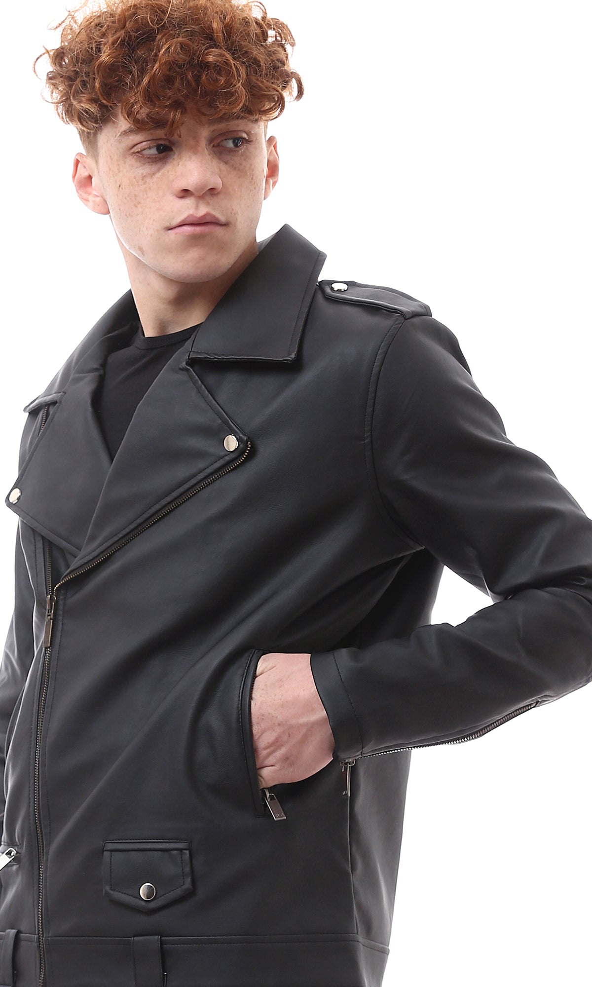 O173261 Textured Leather Zipped Black Biker Jacket