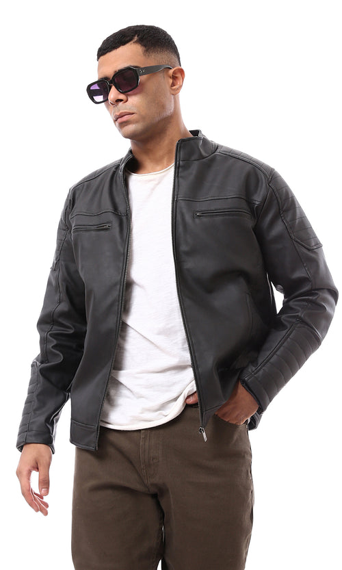 O173262 Zipped Band Neck Racer Black Leather Jacket