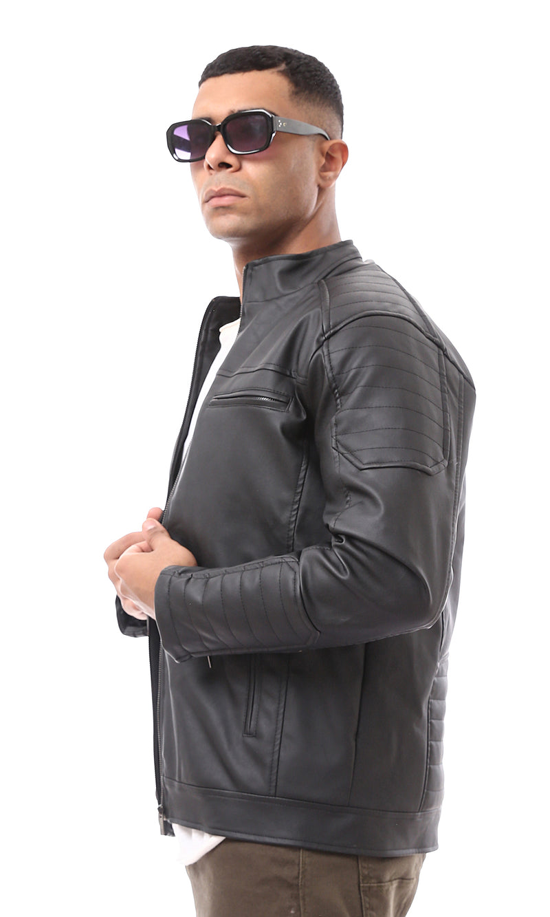 O173262 Zipped Band Neck Racer Black Leather Jacket