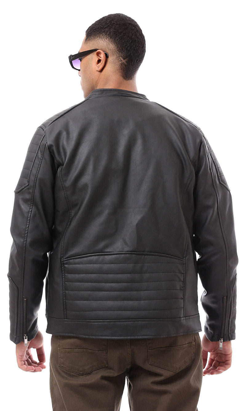 O173262 Zipped Band Neck Racer Black Leather Jacket