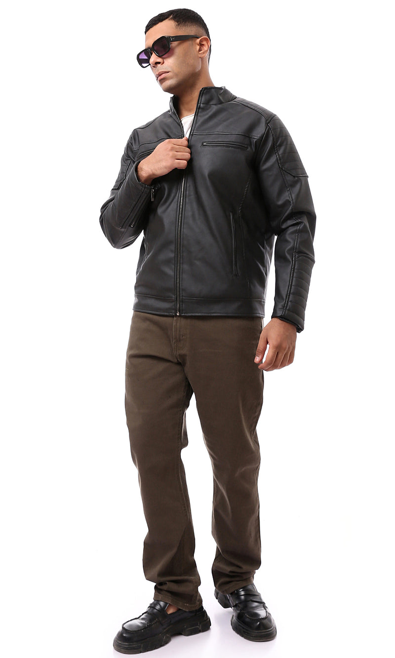 O173262 Zipped Band Neck Racer Black Leather Jacket