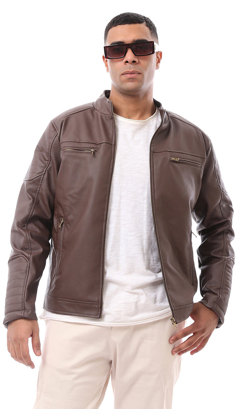 O173263 Dark Brown Textured Leather Zipped Cuffs Racer Jacket