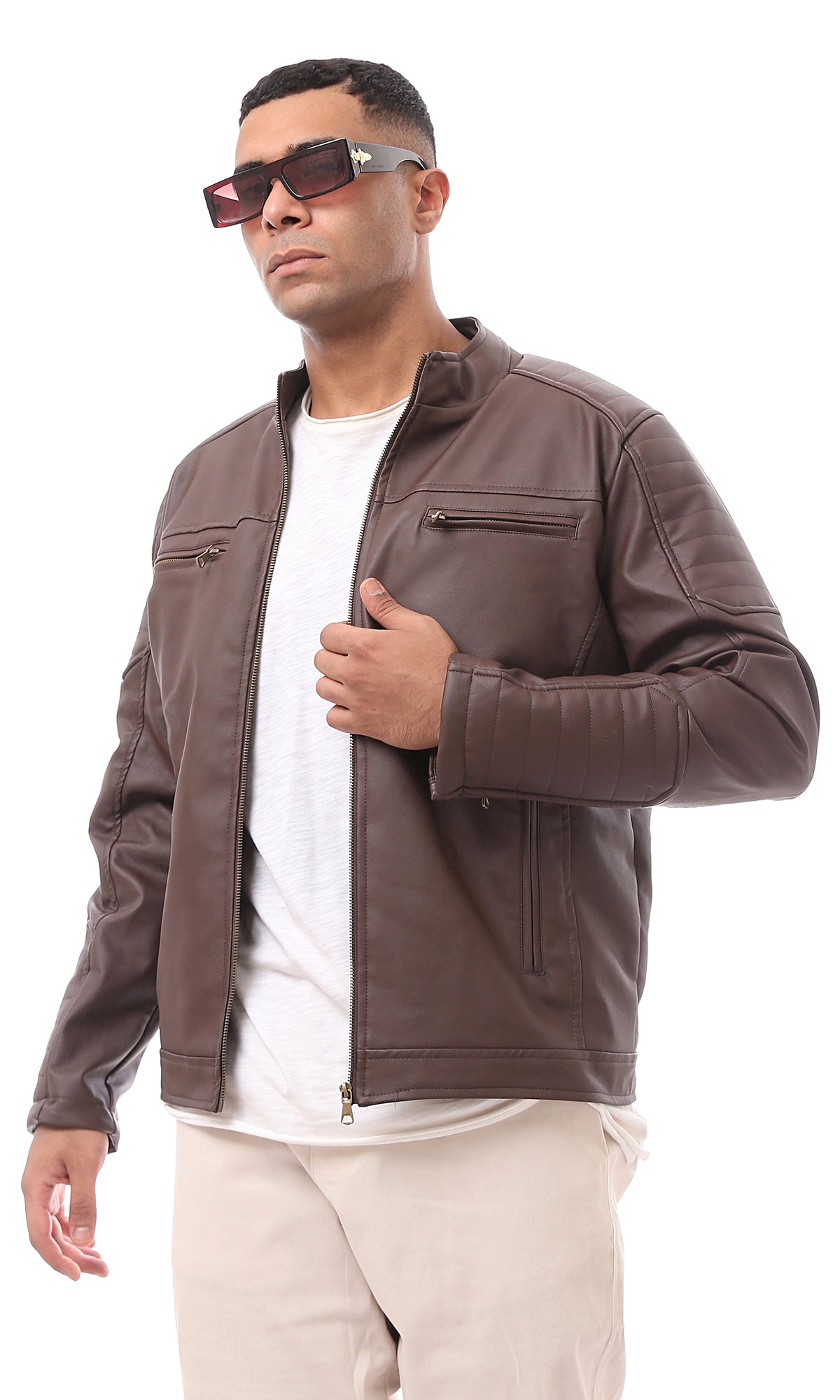 O173263 Dark Brown Textured Leather Zipped Cuffs Racer Jacket