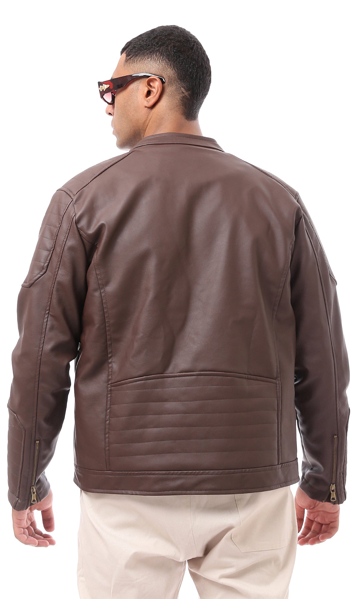 O173263 Dark Brown Textured Leather Zipped Cuffs Racer Jacket