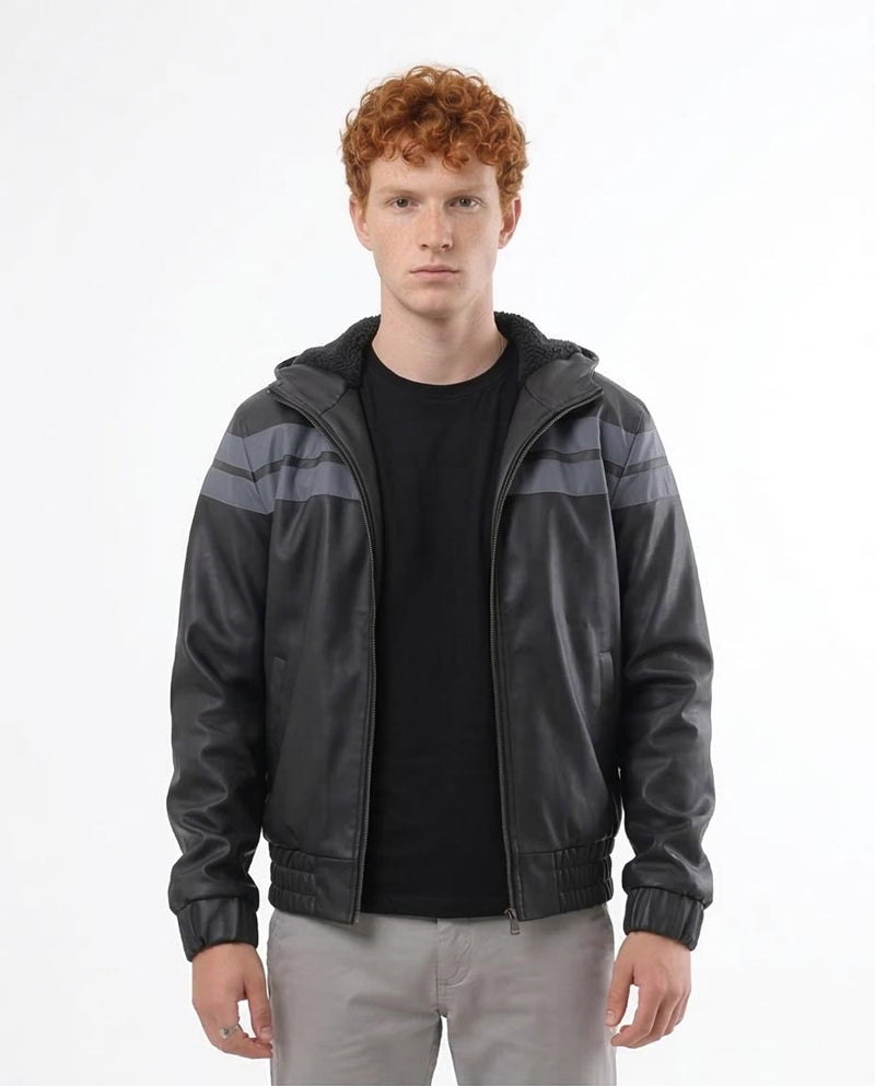 Ravin Men's Hooded Faux-Leather Bomber Jacket - Grey Striped Detail - o173264