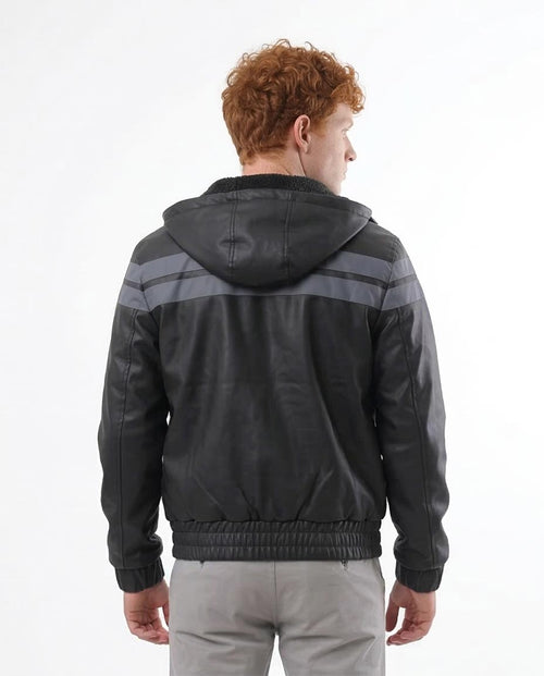 Ravin Men's Hooded Faux-Leather Bomber Jacket - Grey Striped Detail - o173264