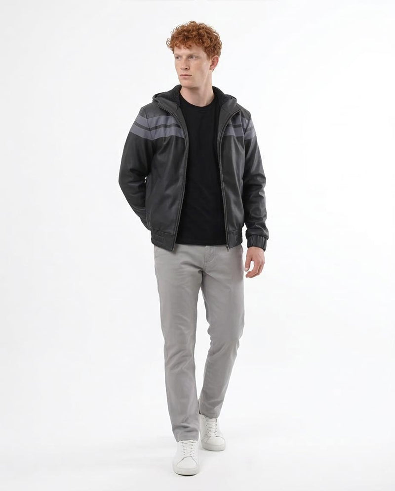 Ravin Men's Hooded Faux-Leather Bomber Jacket - Grey Striped Detail - o173264