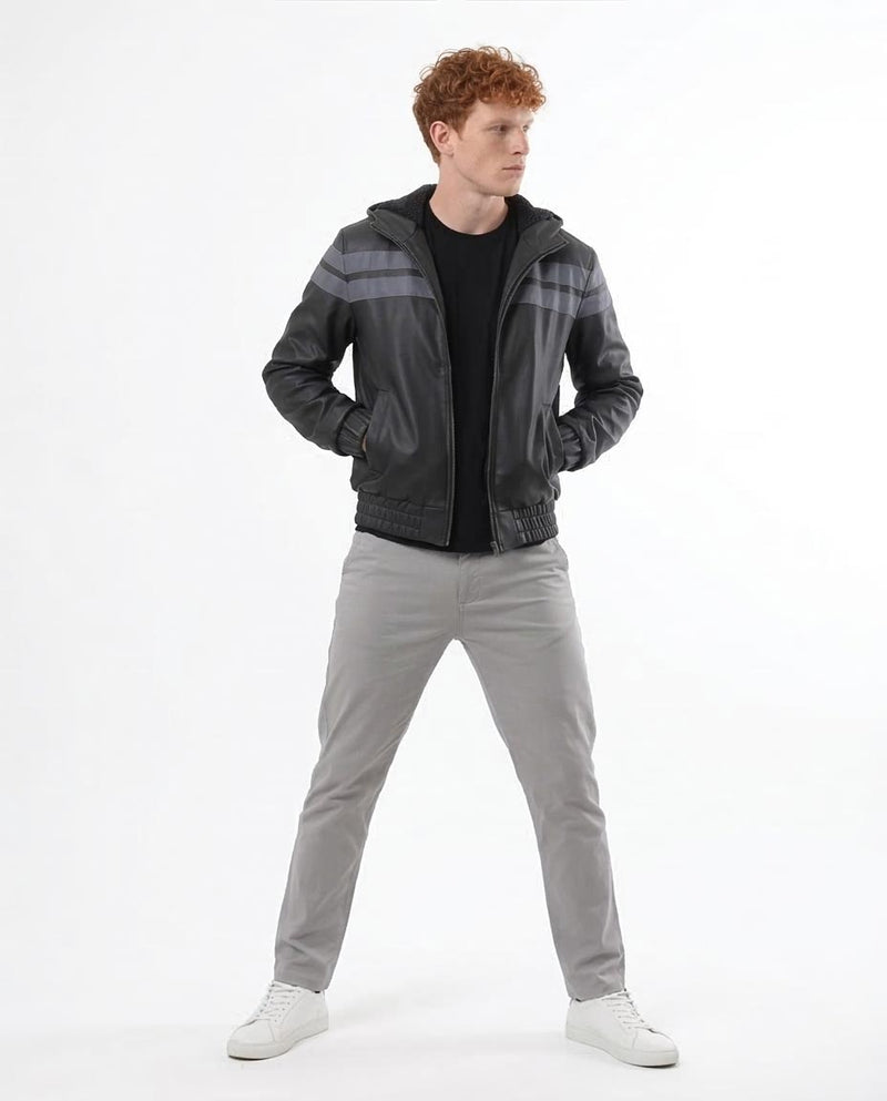 Ravin Men's Hooded Faux-Leather Bomber Jacket - Grey Striped Detail - o173264