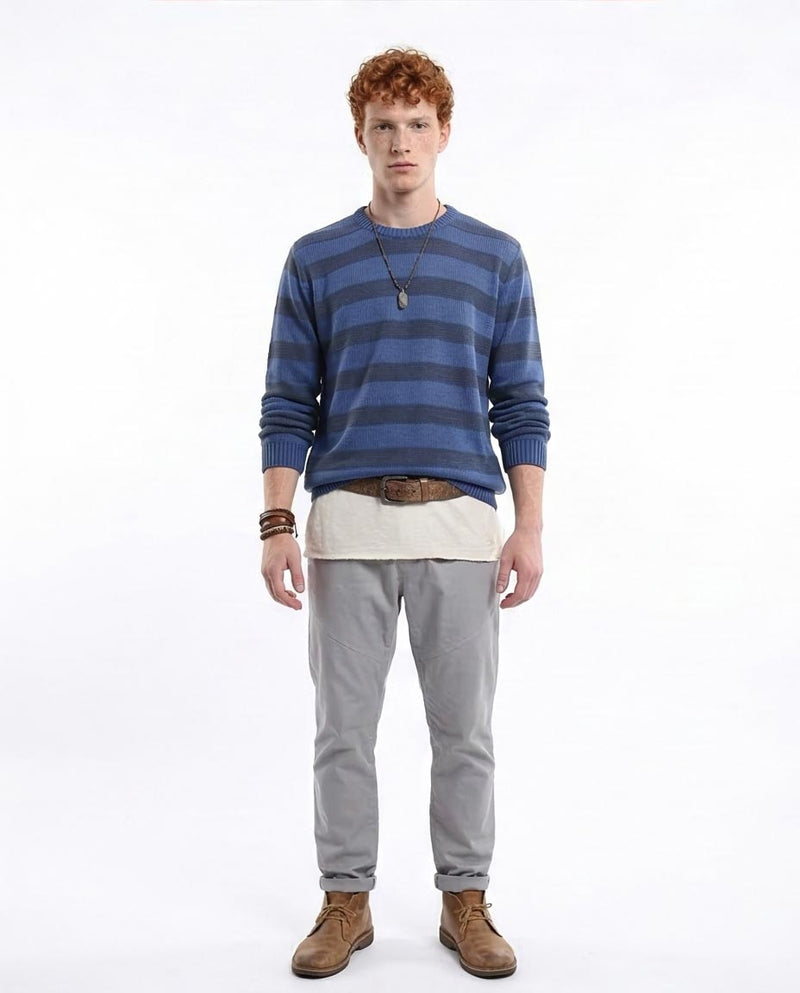 Ravin Men’s Horizontal Striped Textured Knit Pullover– Slate Blue & Navy - O173594