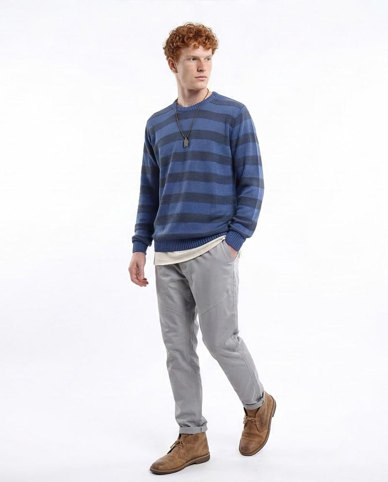Ravin Men’s Horizontal Striped Textured Knit Pullover– Slate Blue & Navy - O173594