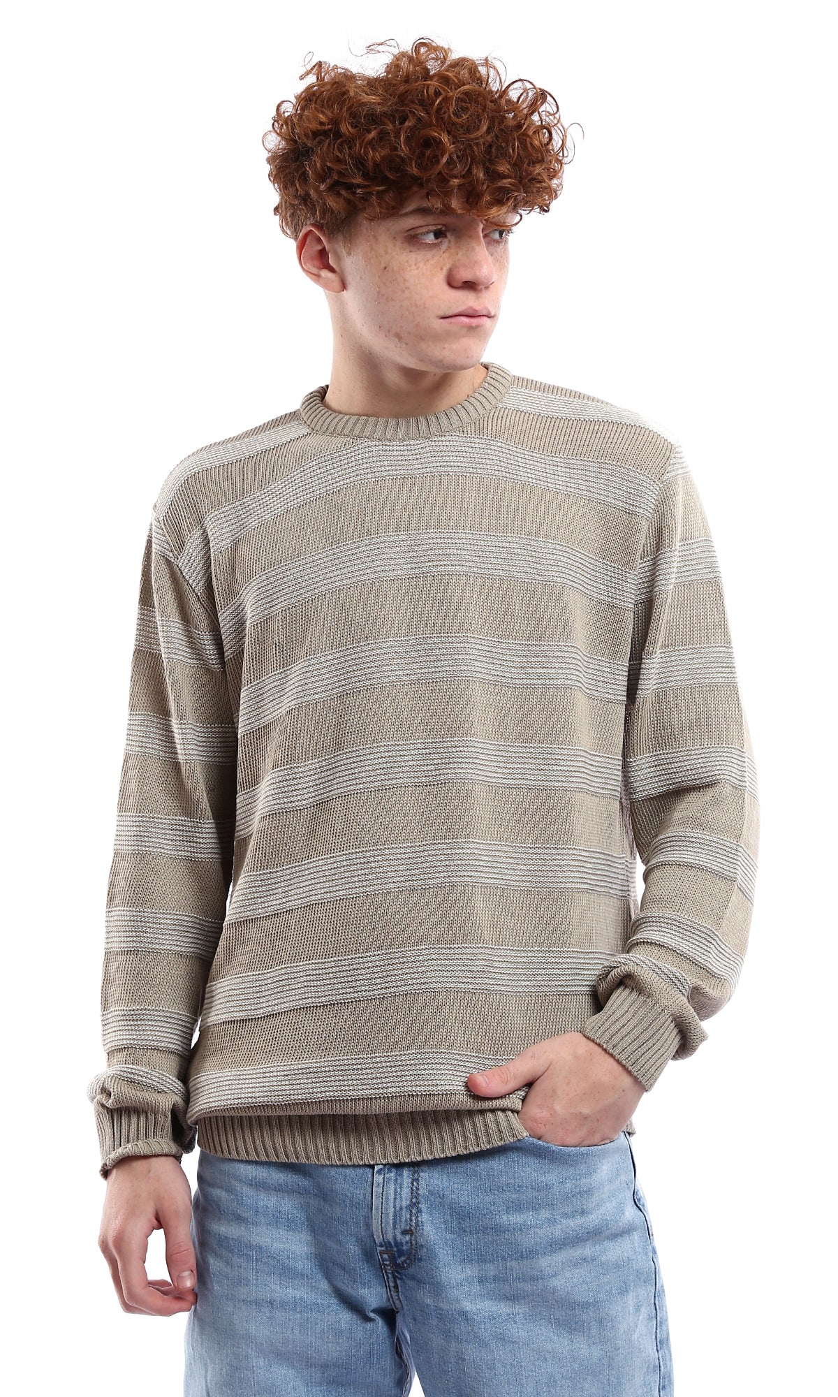 O173595 Knitted Light Taupe & White Relaxed Lightweight Pullover