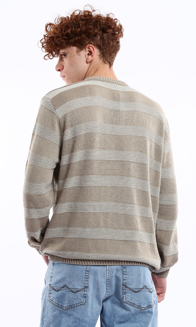 O173595 Knitted Light Taupe & White Relaxed Lightweight Pullover