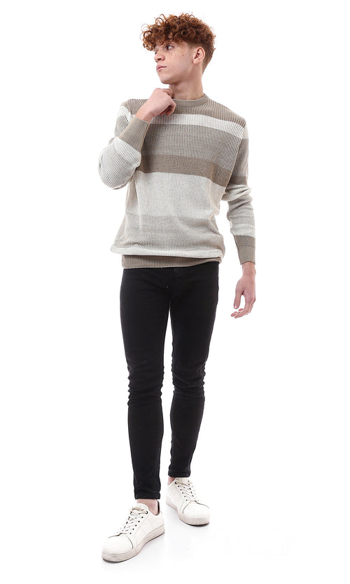 Earth Tone Striped Oversized Chunky Knit Pullover - O173599