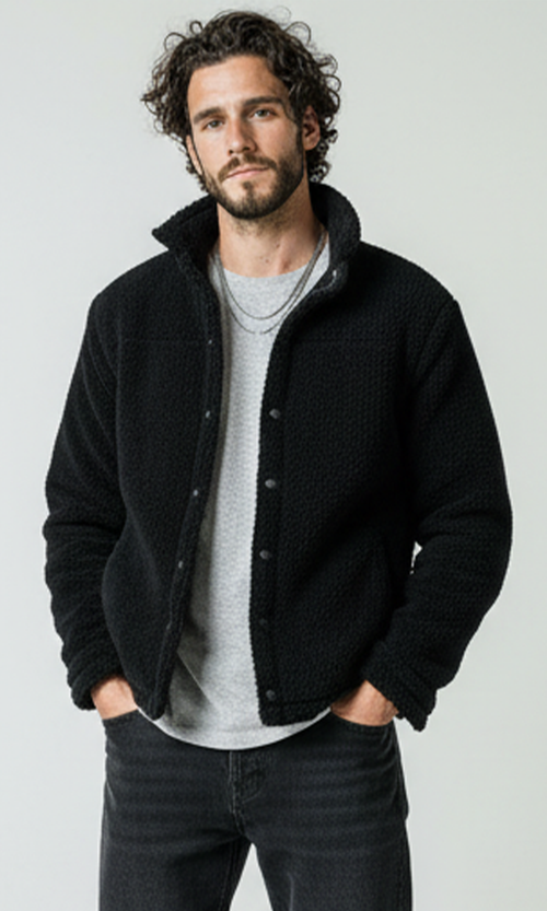 O173632 Black Wool Coziness Buttoned Winter Jacket