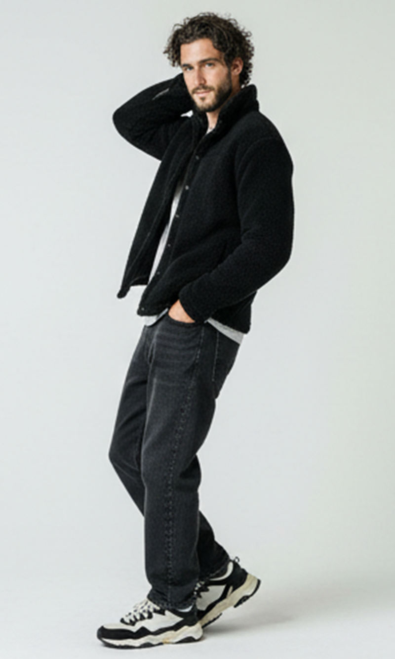 O173632 Black Wool Coziness Buttoned Winter Jacket