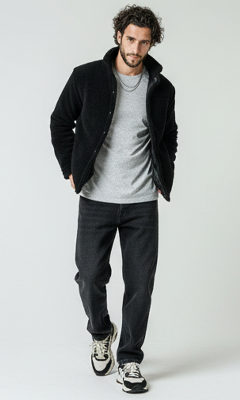 O173632 Black Wool Coziness Buttoned Winter Jacket