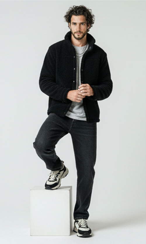 O173632 Black Wool Coziness Buttoned Winter Jacket