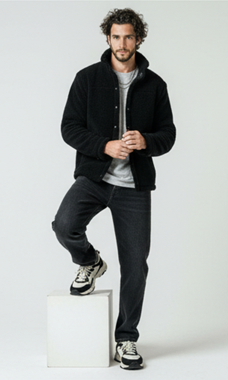 O173632 Black Wool Coziness Buttoned Winter Jacket