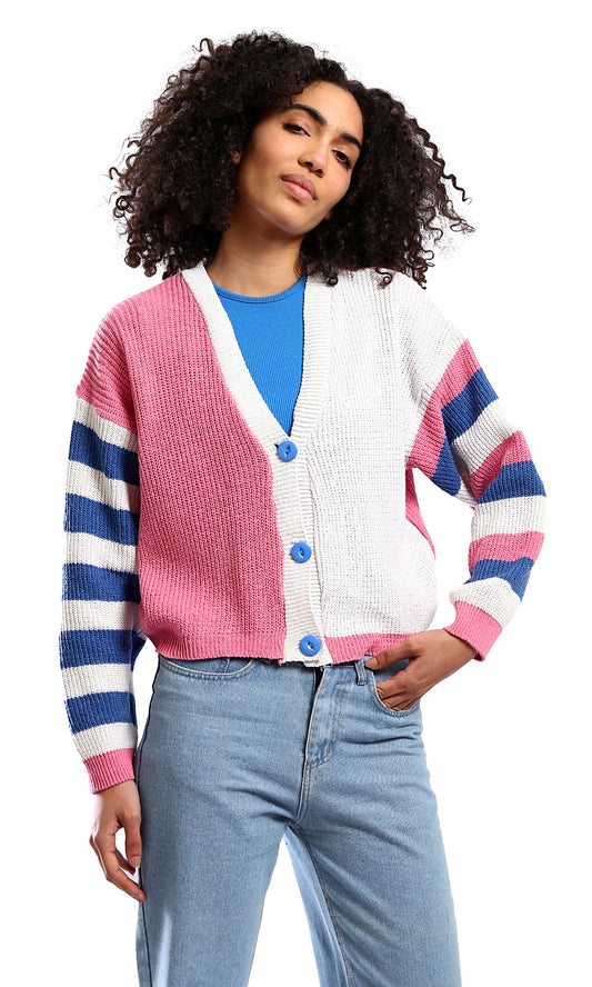 O173661 Knitted Short Cardigan With Striped Sleeves - Navy Blue & Pink