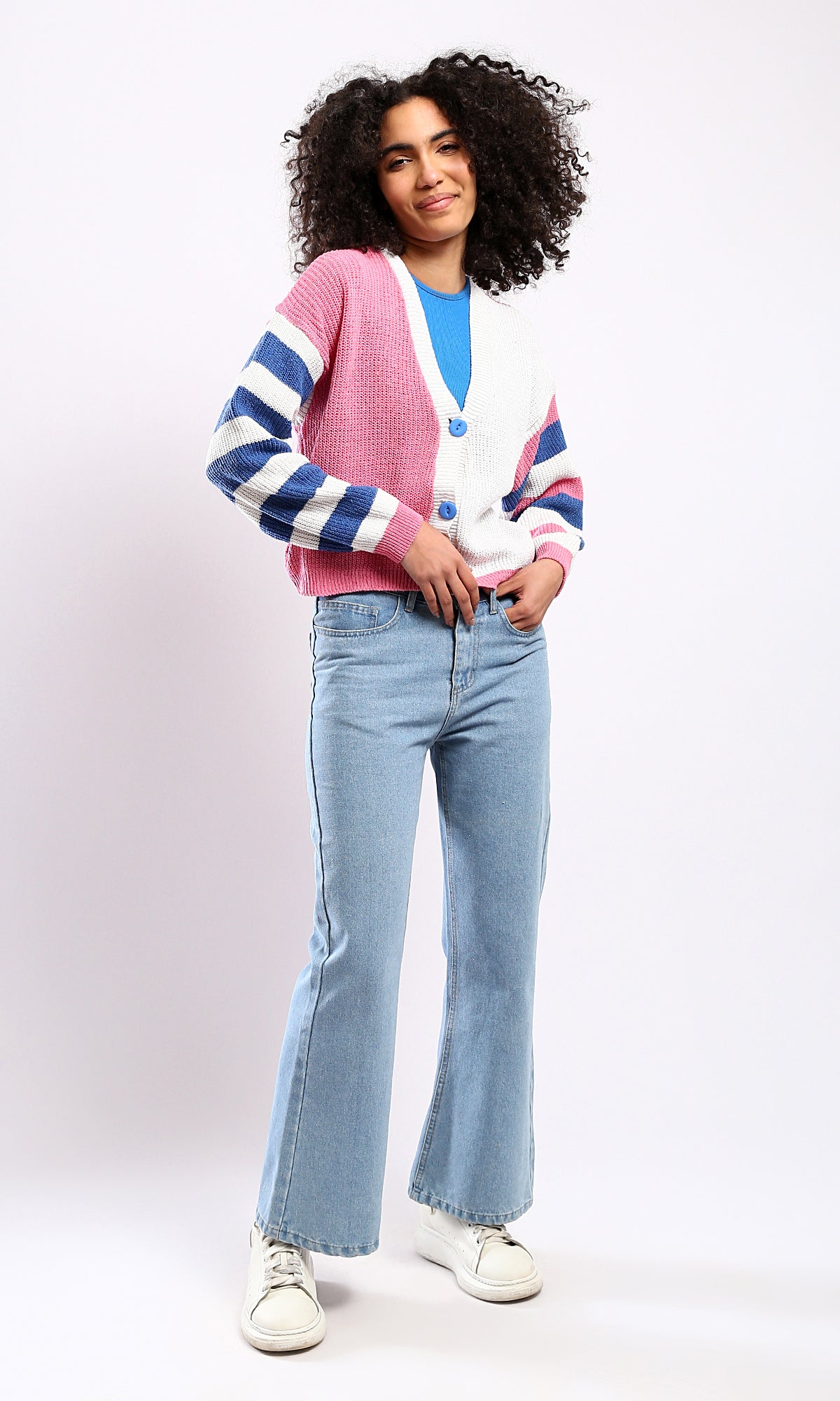 O173661 Knitted Short Cardigan With Striped Sleeves - Navy Blue & Pink