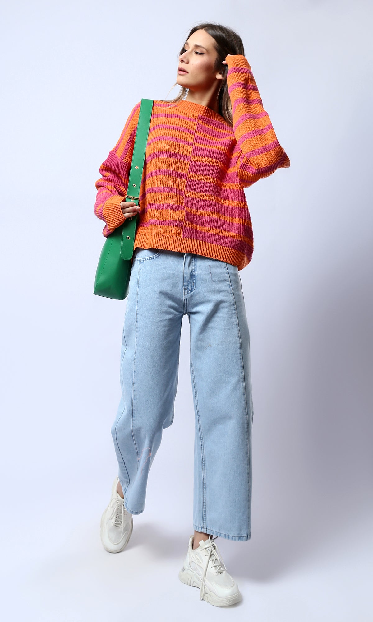 O173662 Bi-Tone Knitted Slip On Pullover - Fuchsia & Orange