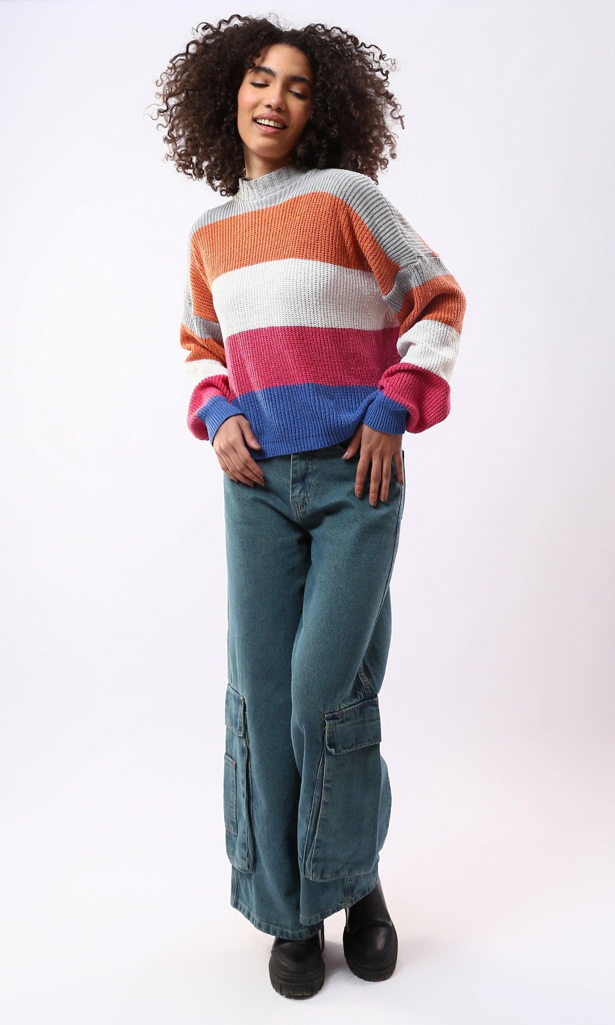 O173663 Colorful Chunky Knit Mock Neck Pullover