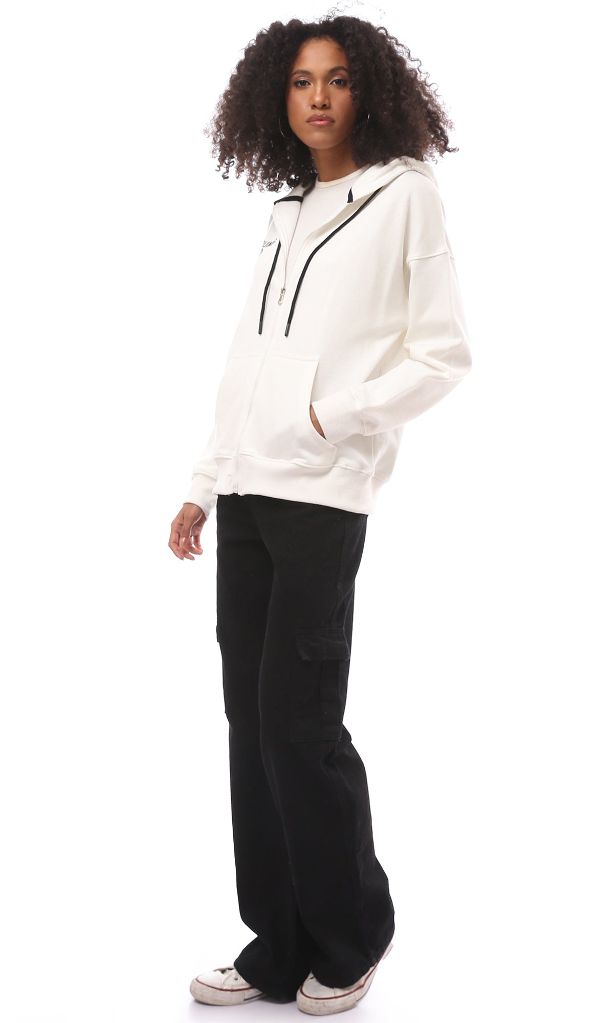 O173685 Front & Back Print Off-White Zipped Sweatshirt