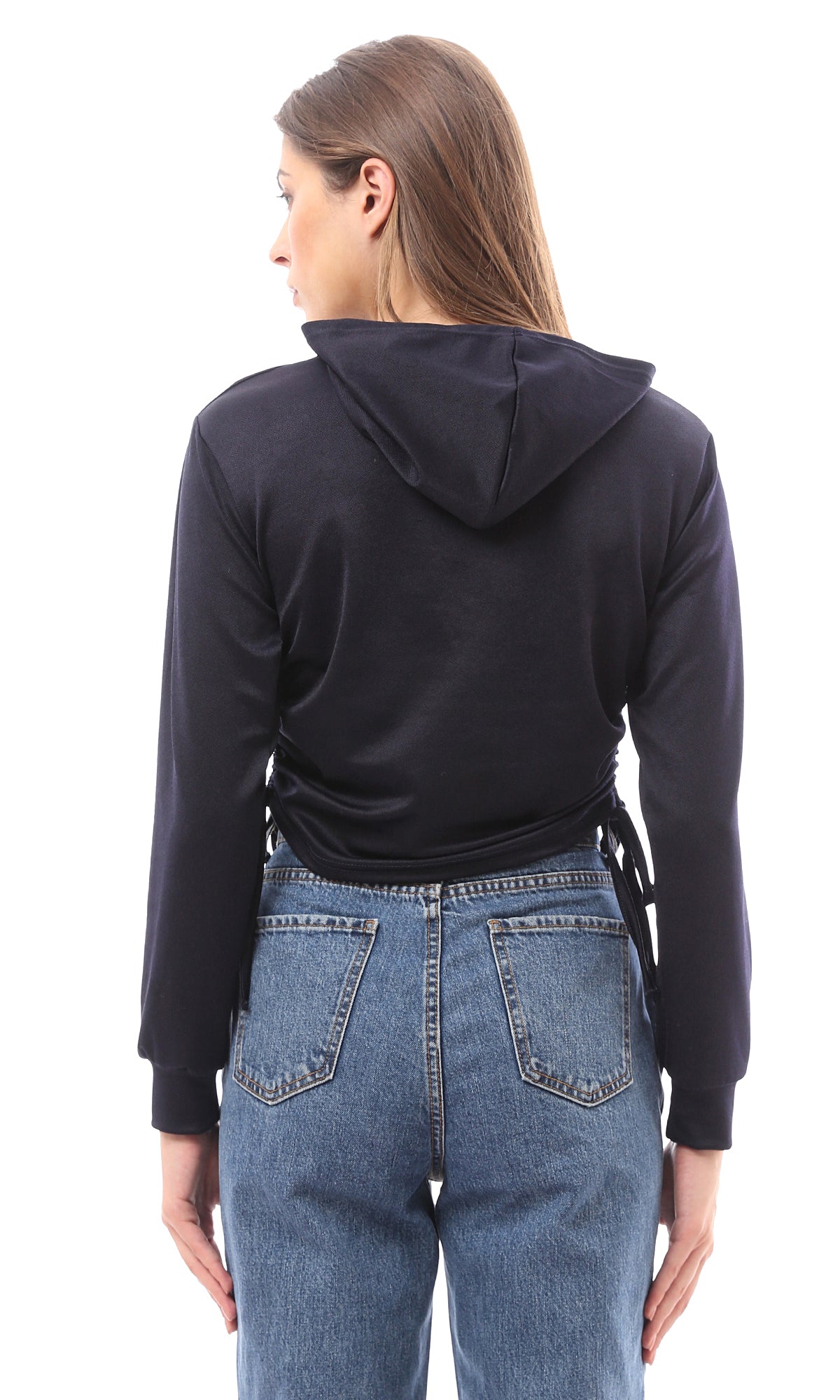 O173694 Navy Blue Hooded Top With Side Drawstrings