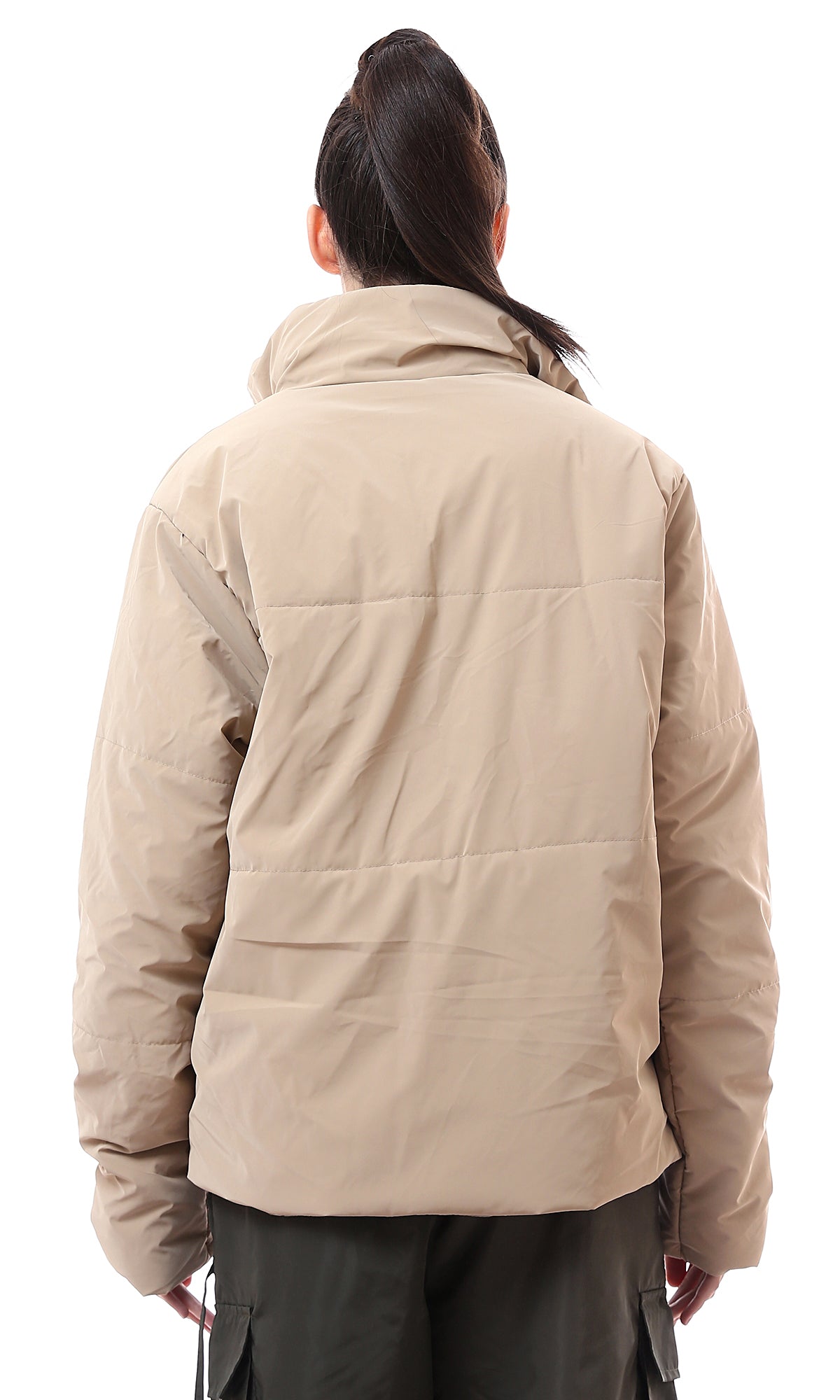 O173799 Zipped Pockets Solid Sand Beige Winter Jacket