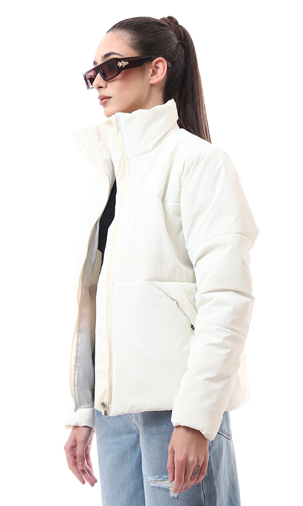 O173800 White Soft Waterproof Quilt Relaxed Bomber Jacket