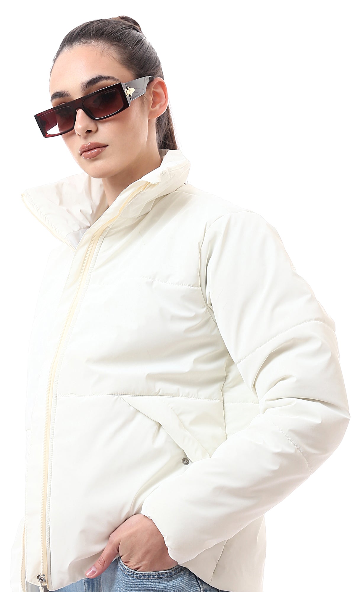 O173800 White Soft Waterproof Quilt Relaxed Bomber Jacket