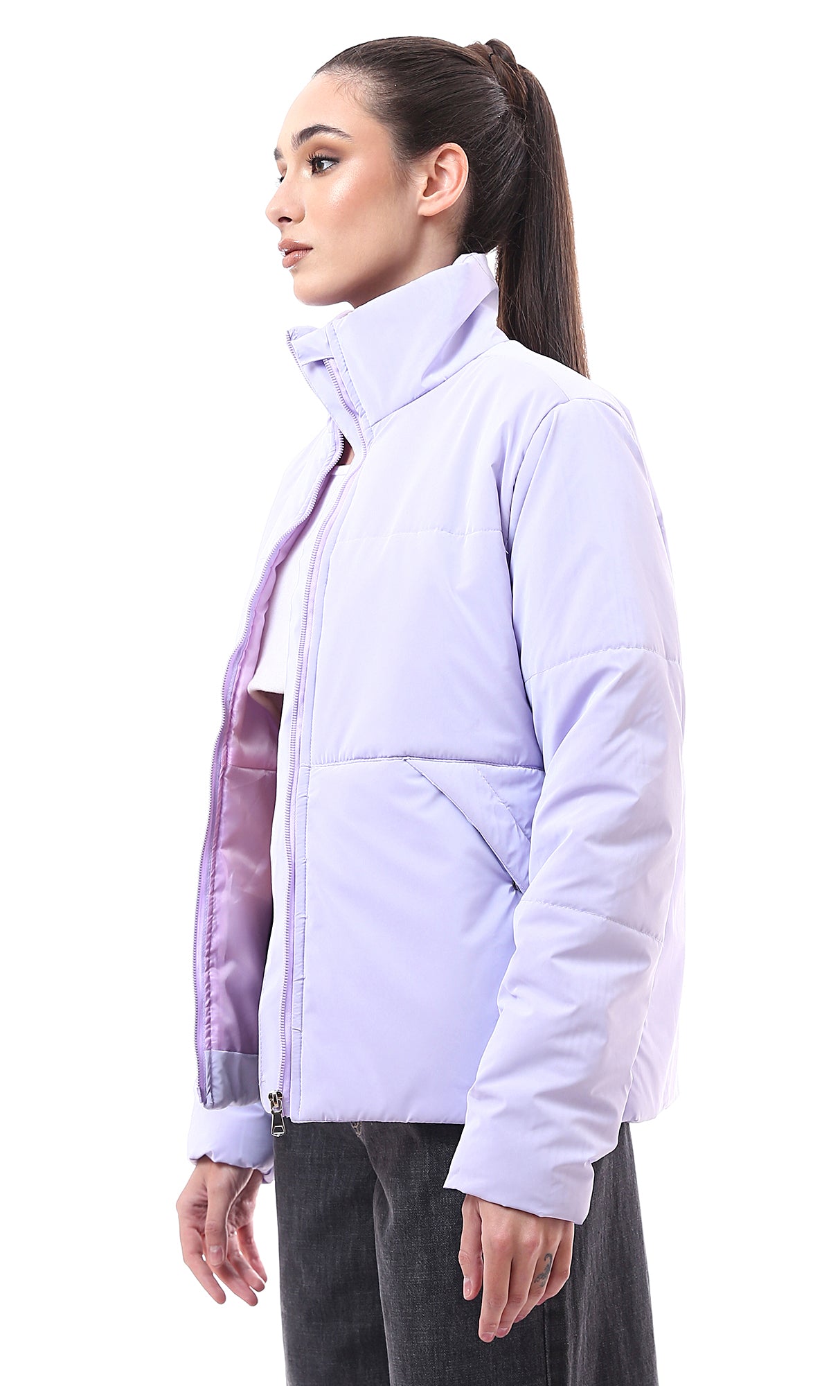 O173801 Lavender Soft Bomber Jacket With Buttoned Pockets