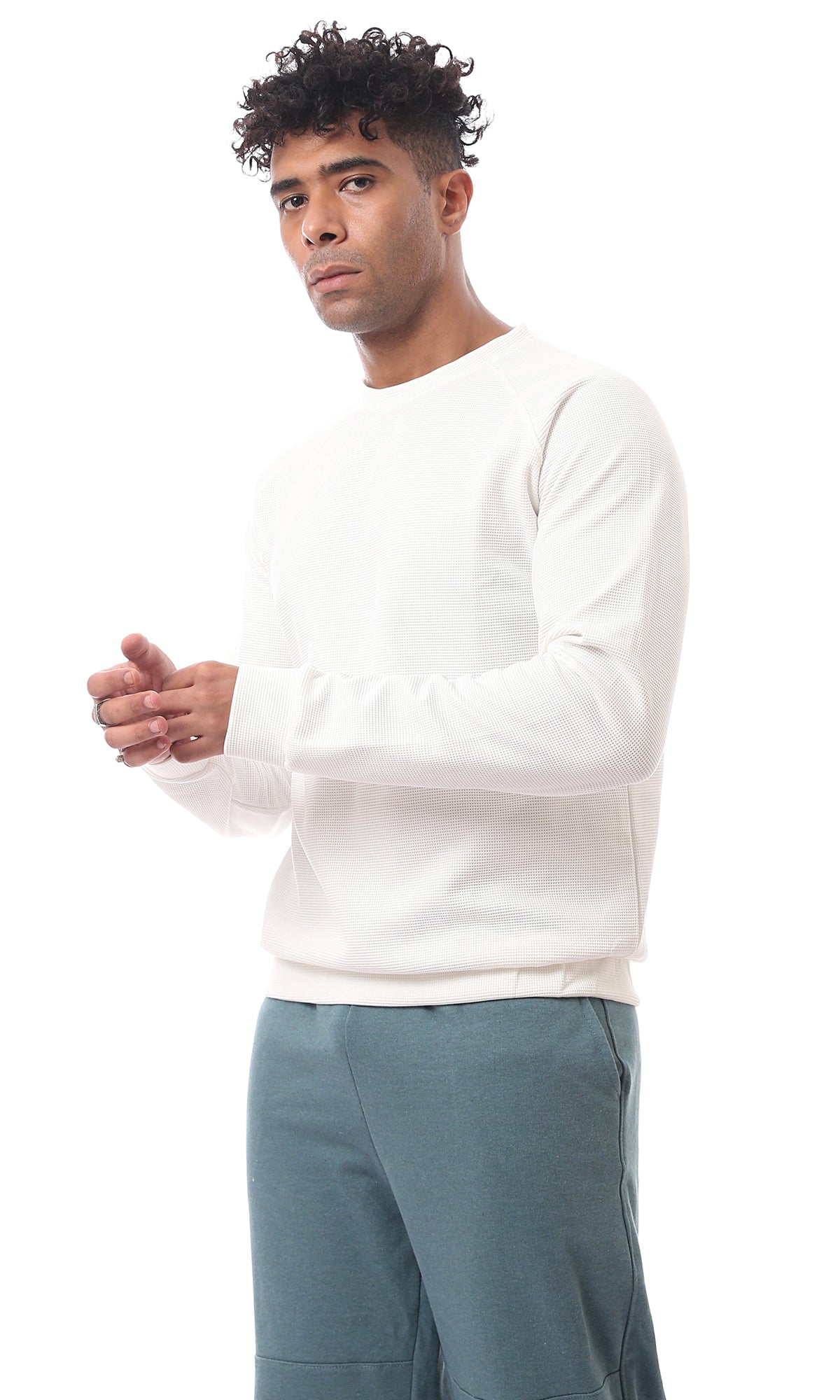 O173870 White Self Pattern Slip On Winter Sweatshirt