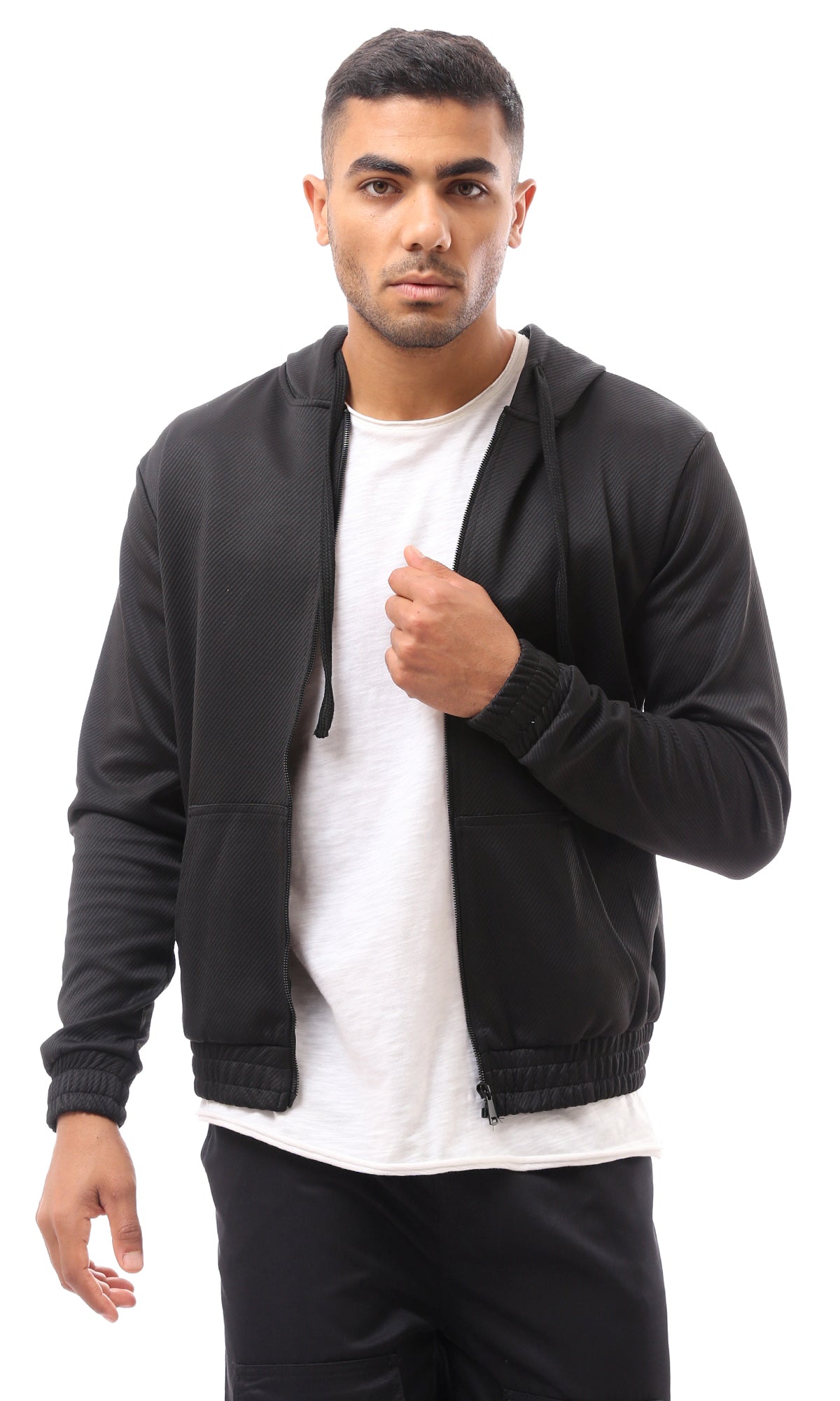 O173975 Self Stitched Full Zipper Black Sweatshirt