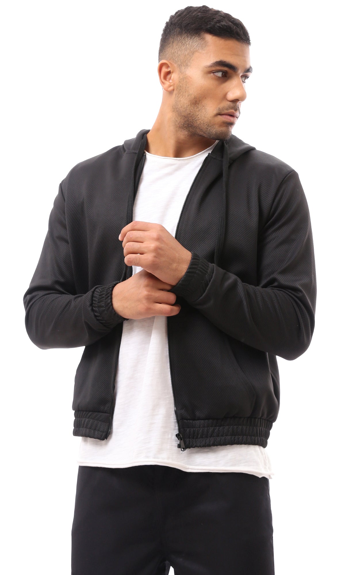 O173975 Self Stitched Full Zipper Black Sweatshirt