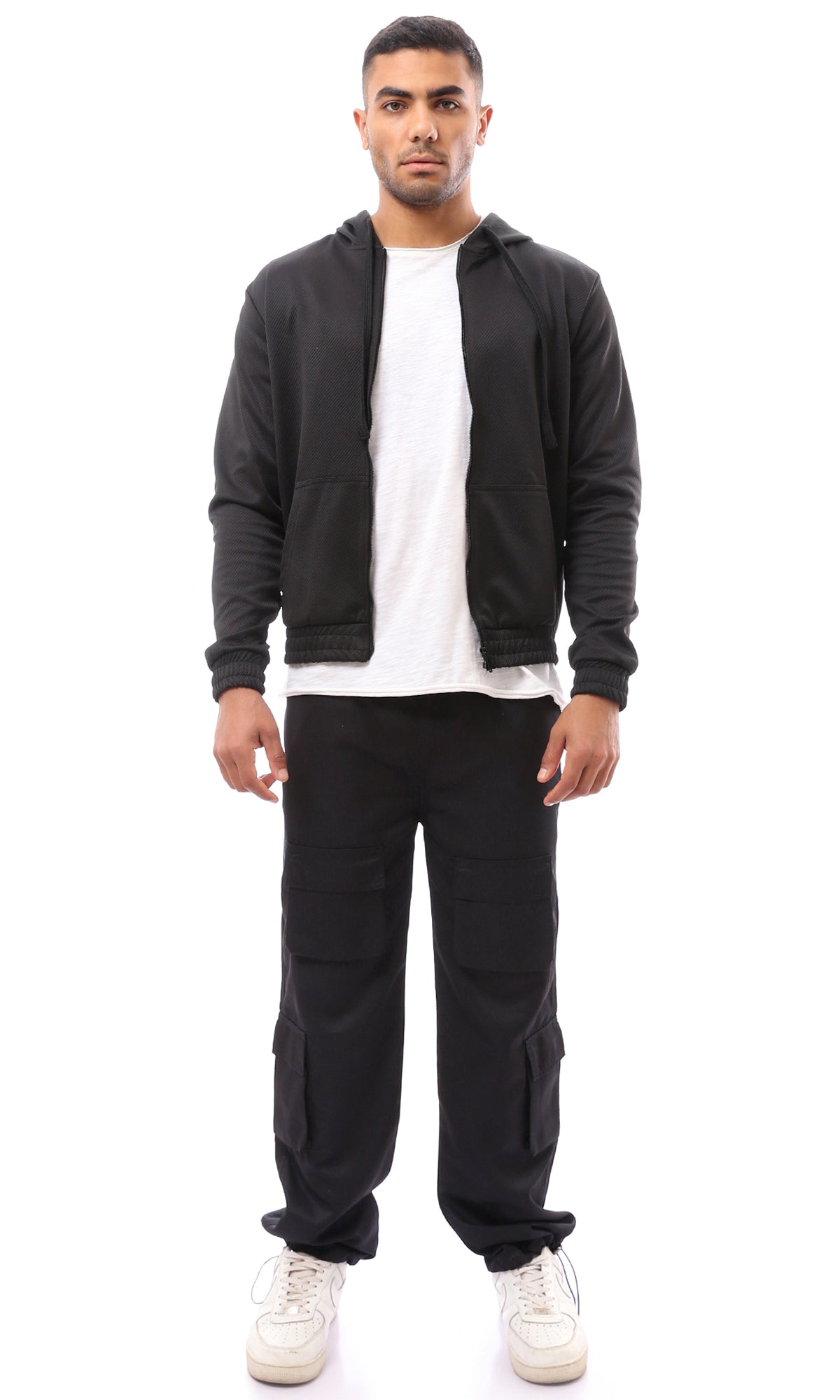 O173975 Self Stitched Full Zipper Black Sweatshirt